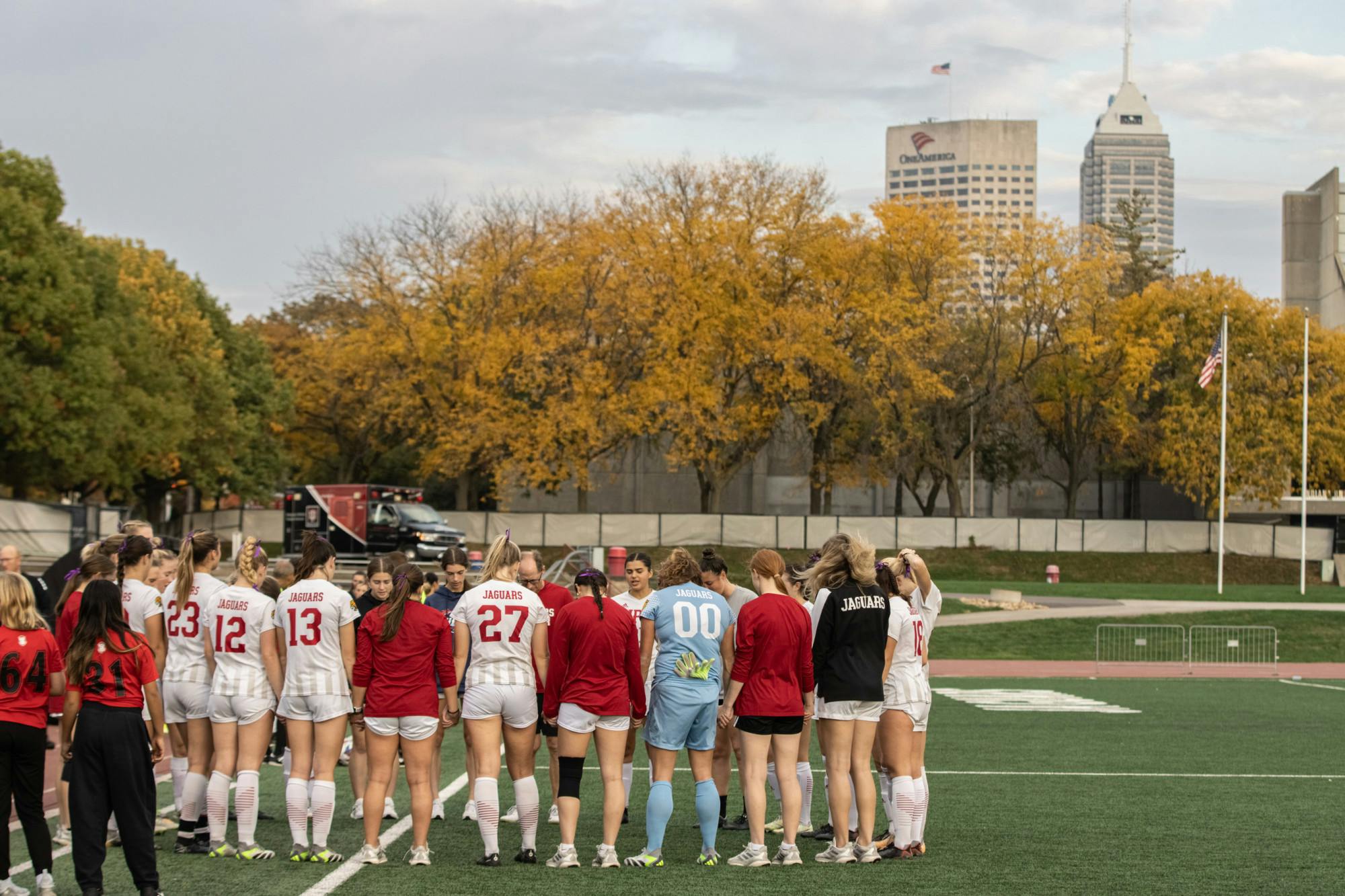 IUPUI Women's Soccer huddles up before their game against Purdue Fort Wayne on Oct. 25