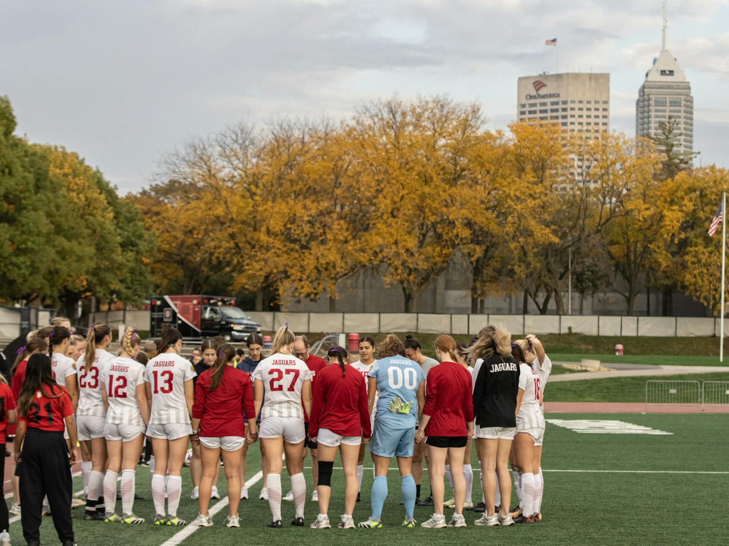 IUPUI Women's Soccer huddles up before their game against Purdue Fort Wayne on Oct. 25
