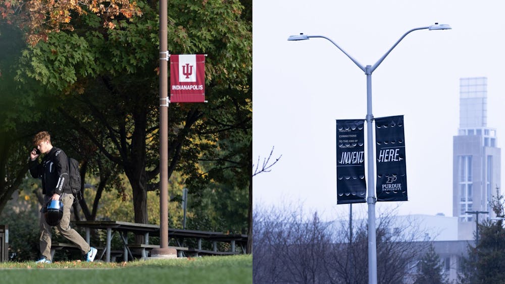 <p>A split image of an IU Indianapolis banner and Purdue in Indianapolis banner on IUPUI campus grounds.</p>