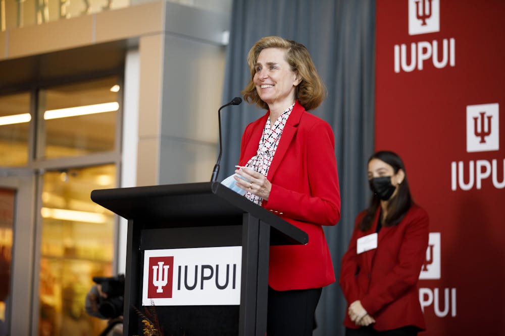 Indiana University President Pamela S. Whitten speaks during an inauguration celebration in the Campus Center at IUPUI on Friday, Nov. 5, 2021. Photo by James Brosher/Indiana University