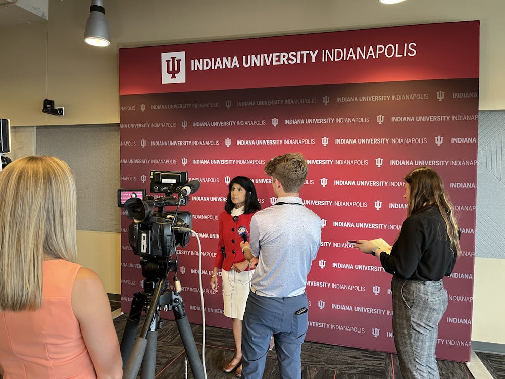 <p>Chancellor Latha Ramchand speaking with reporters at the preview. </p>