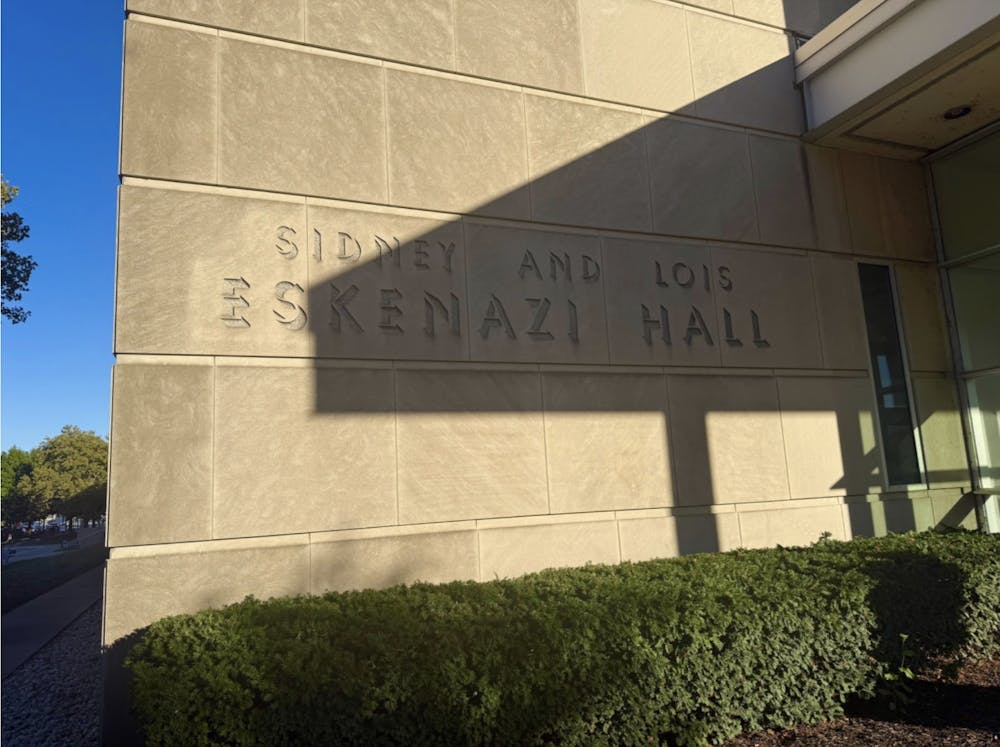 A view of the wall of the Sidney and Lois Eskenazi Hall building, the main building for Herron students at IUI.