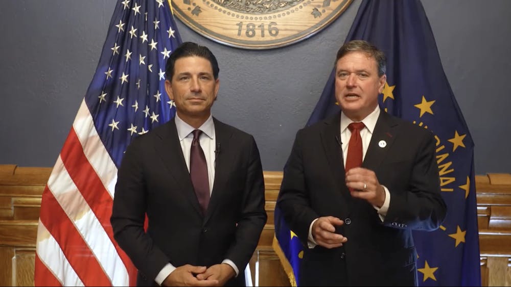 Chad F. Wolf and Attorney General Todd Rokita speaking in a public video posted on Nov. 6 that the Attorney General Office will be suing Indianapolis Public Schools for not complying with U.S. Immigration and Customs Enforcement. (Photo courtesy of Attorney General Todd Rokita's Facebook page)
