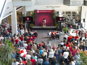 IUI's inaugural chancellor Latha Ramchand makes remarks at the IUI Launch Party