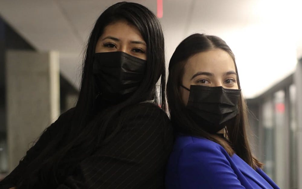 <p>Melissa Aceves (left) and Julia Cilleruelo Fernandez del Moral (right) pose for their campaign photos. Photo provided by Melissa Aceves.</p>