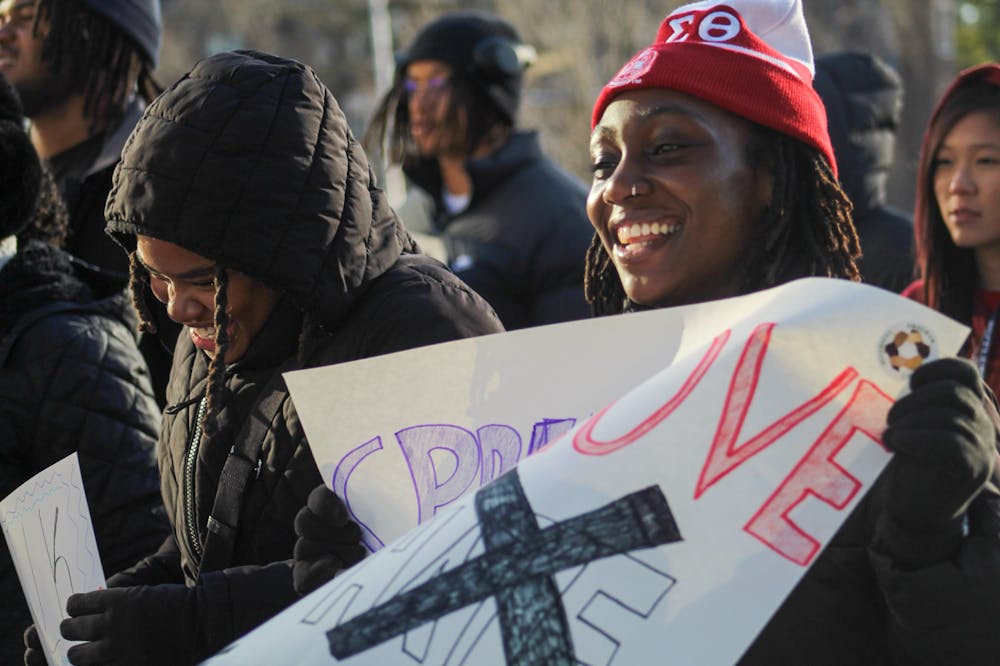BSU President Anira Joseph chants at annual MLK Love Walk hosted by Butler's BSU chapter.