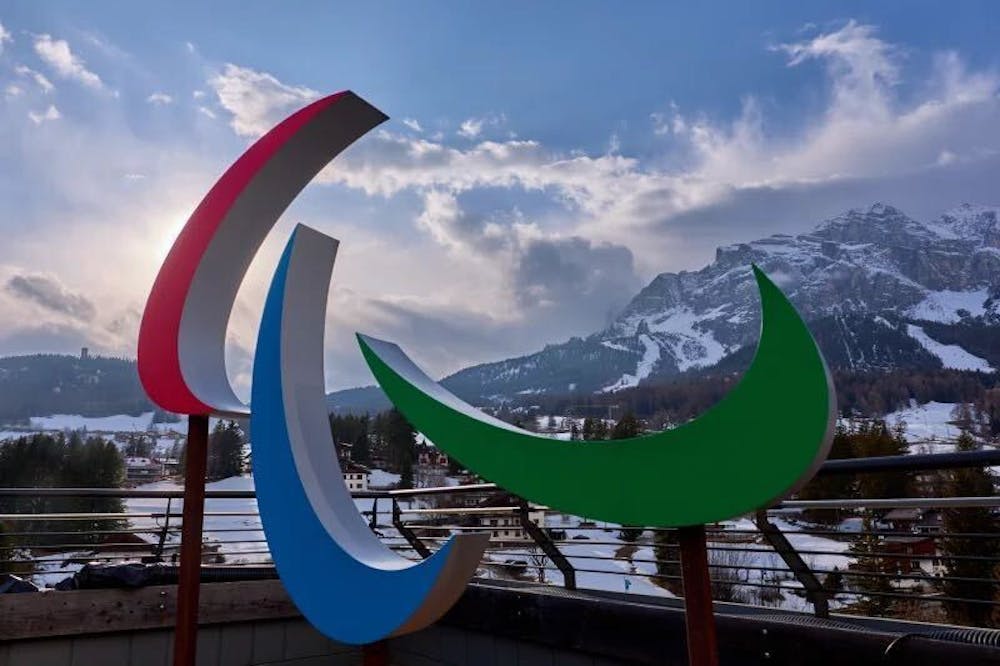 The Paralympic logo, the Agitos, is seen in Cortina d'Ampezzo, Italy, ahead of the opening ceremony on March 6 (Photo courtesy of Mattia Ozbot/Getty Images)