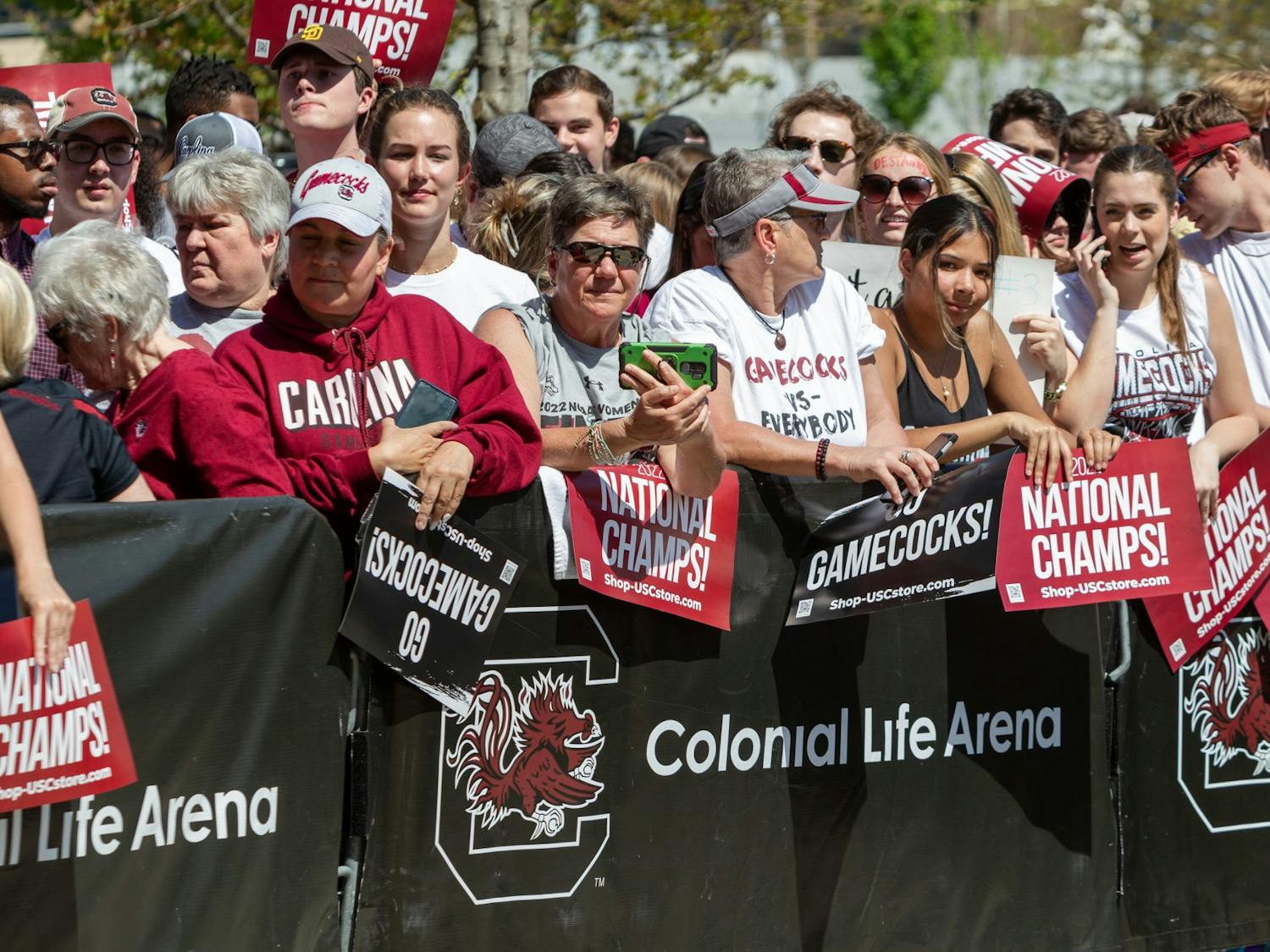 South Carolina fans wait for the arrival of the women's basketball team on April 4, 2022 at Colonial Life Arena. Fans lined the front entrance of the stadium all the way to the roads.
