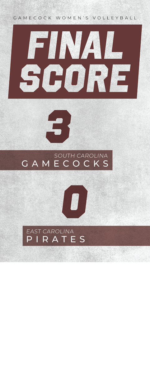 A graphic of the final score between South Carolina and East Carolina reads "South Carolina Gamecocks, 3," and "East Carolina Pirates, 0"