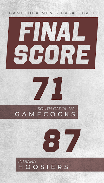 A graphic of the final score between South Carolina men's basketball and Indiana reads, "South Carolina Gamecocks, 71" and "Indiana Hoosiers, 87.