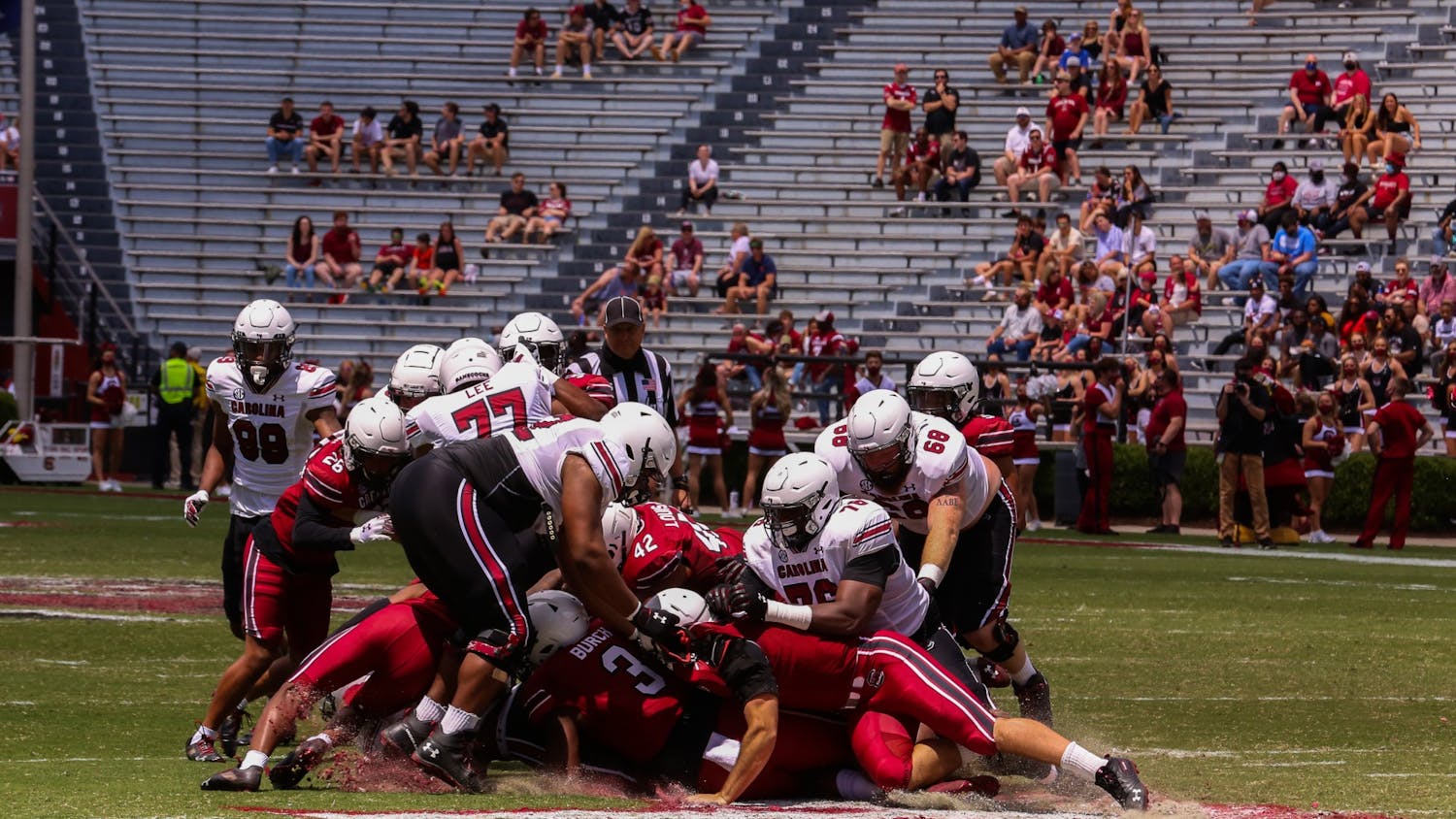  A dog pile happening between the two Carolina teams during the 2021 Spring game on Sunday April, 25. 