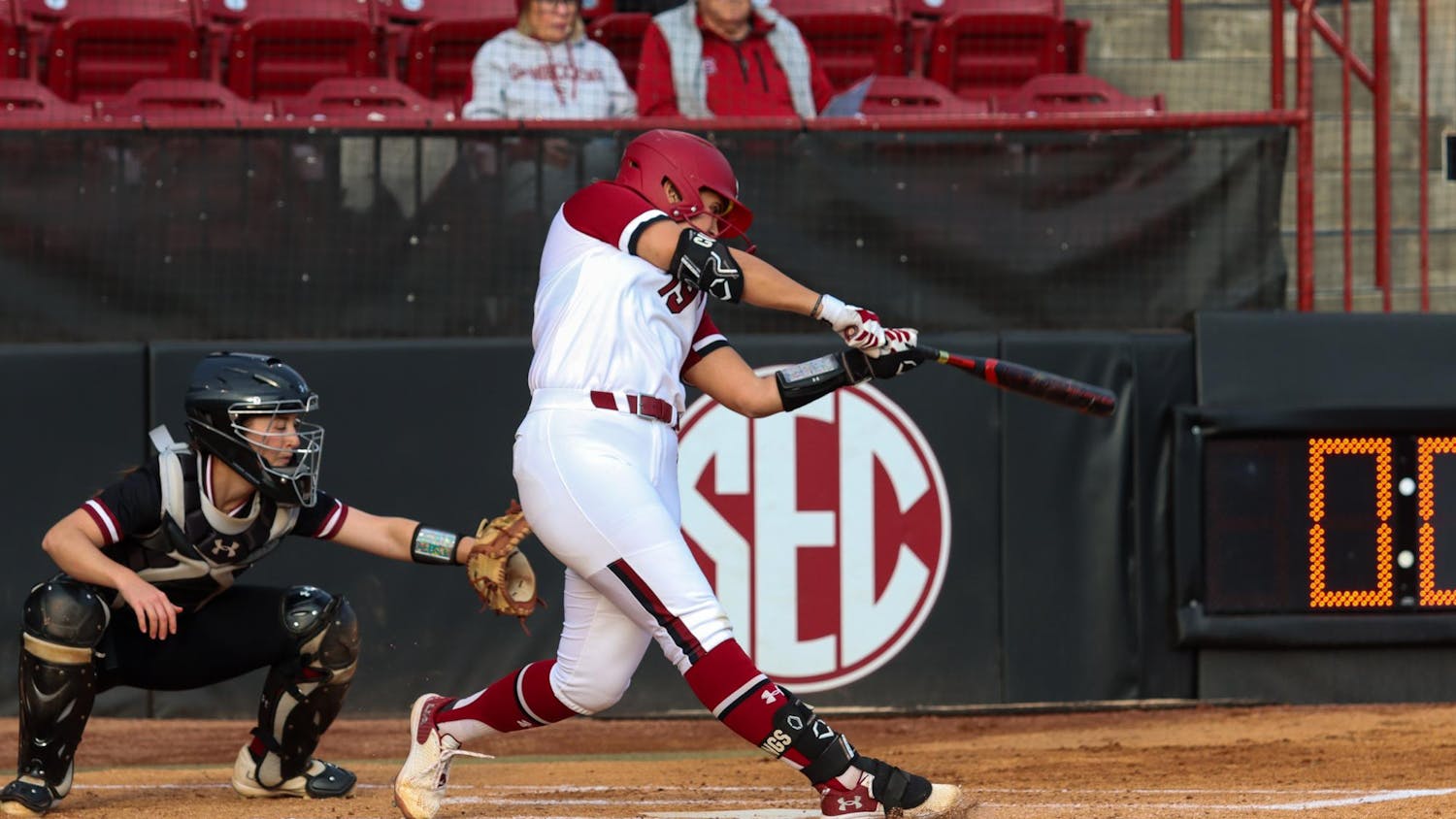 Senior catcher Jen Cummings hits to the outfield during South Carolina's matchup against the College of Charleston on Feb. 28, 2024. Cummings later scored, contributing to the four total runs earned by the Gamecocks in its 4-0 victory.