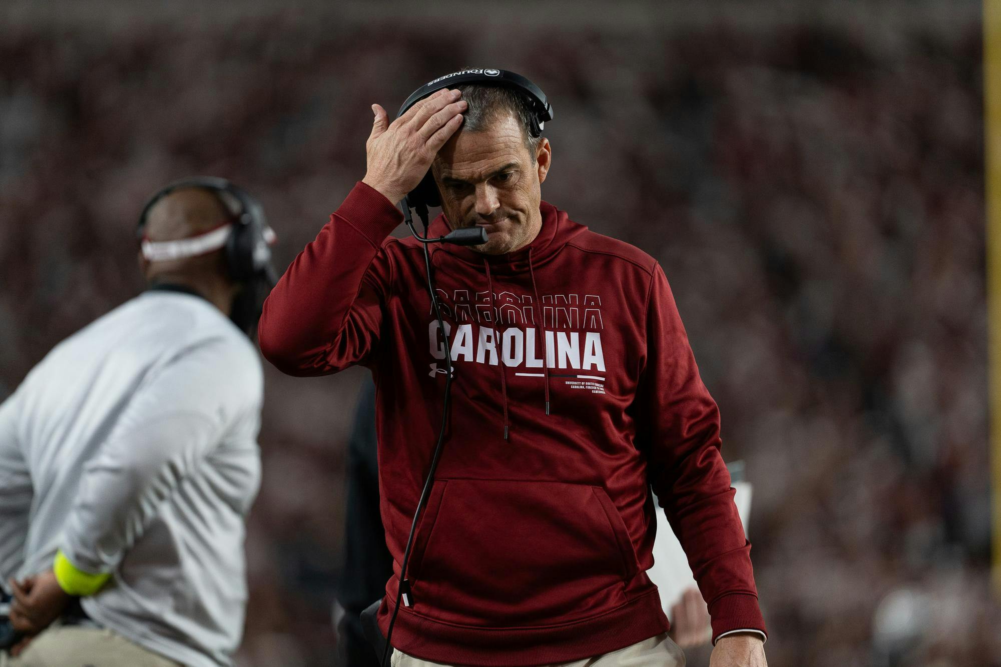 FILE — Head football coach Shane Beamer frustrated after a series of unfavorable calls from officials during South Carolina's matchup against Missouri on Nov. 16, 2024, at Williams-Brice Stadium. The Gamecocks defeated the Tigers 34-30, winning the Mayor's Cup.