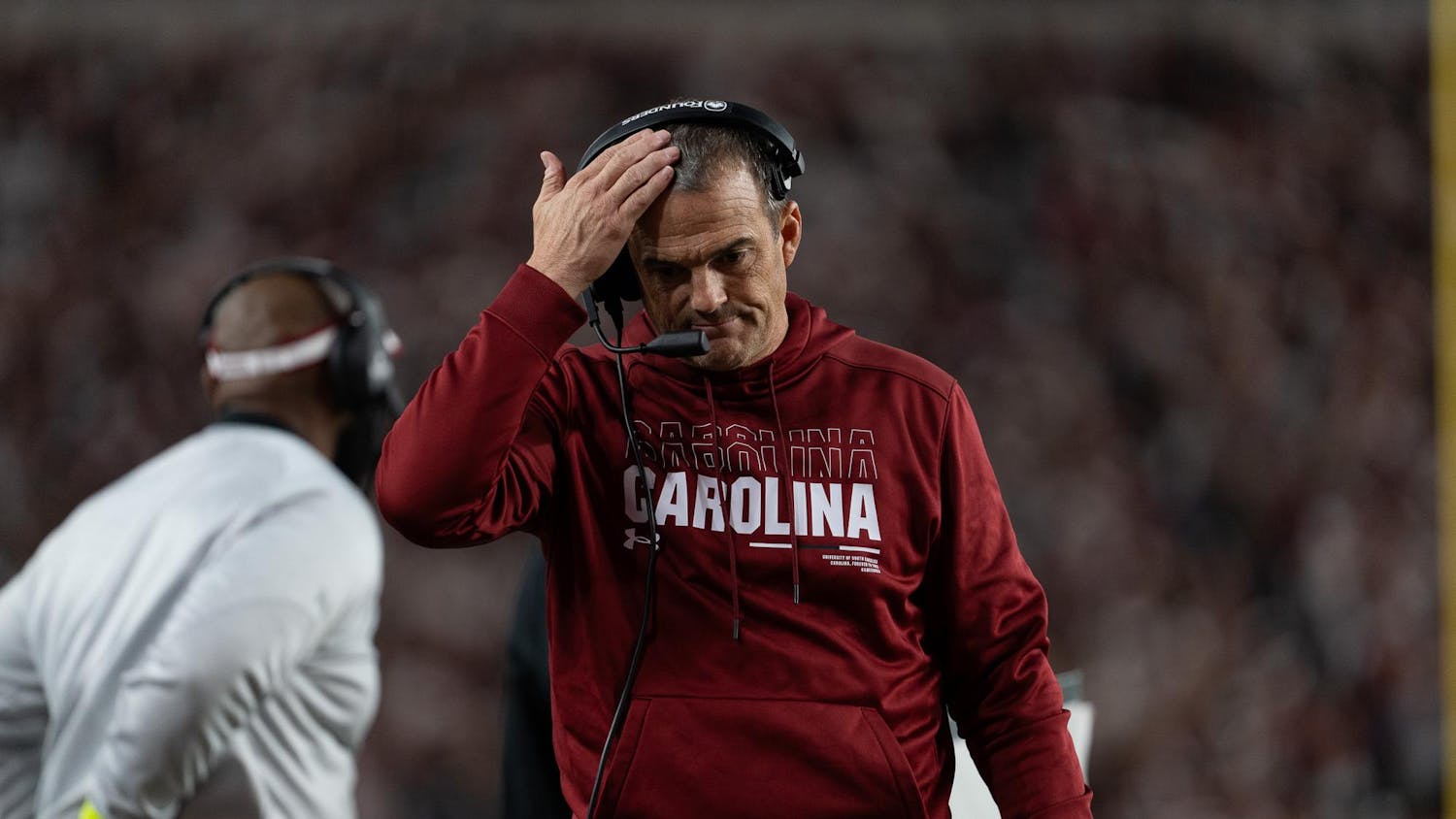 FILE — Head football coach Shane Beamer frustrated after a series of unfavorable calls from officials during South Carolina's matchup against Missouri on Nov. 16, 2024, at Williams-Brice Stadium. The Gamecocks defeated the Tigers 34-30, winning the Mayor's Cup.