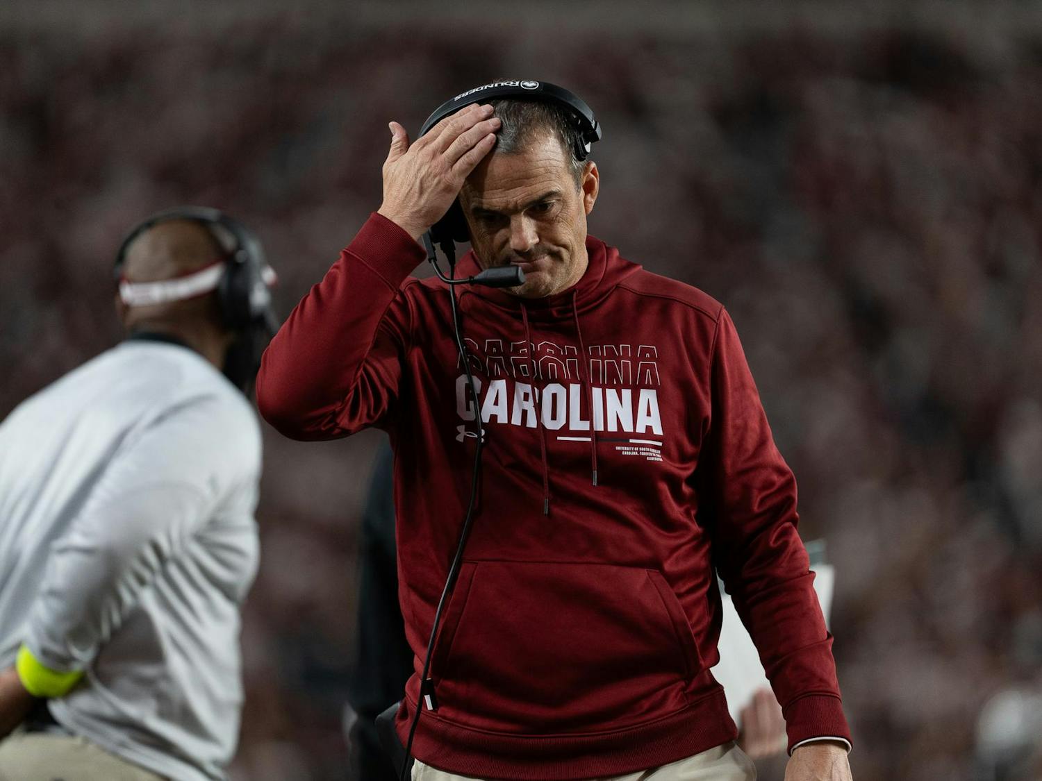 FILE — Head football coach Shane Beamer frustrated after a series of unfavorable calls from officials during South Carolina's matchup against Missouri on Nov. 16, 2024, at Williams-Brice Stadium. The Gamecocks defeated the Tigers 34-30, winning the Mayor's Cup.