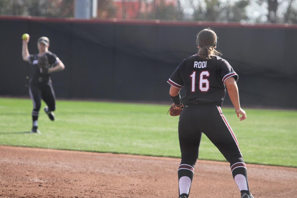<p>FILE — Senior infielder Arianna Rodi prepares to catch a ball from outfield while playing defense against East Carolina on Feb. 9, 2025. The Gamecocks won 1-0 against the Pirates.</p>