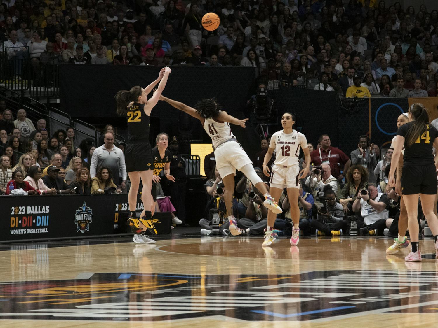 Clark shoots a 3-pointer on graduate student guard Kierra Fletcher. Clark, the 2023 Naismith Player of the Year, ended the night with 41 points. In her 39 minutes of playtime, she attempted 17 3-pointers and made five.