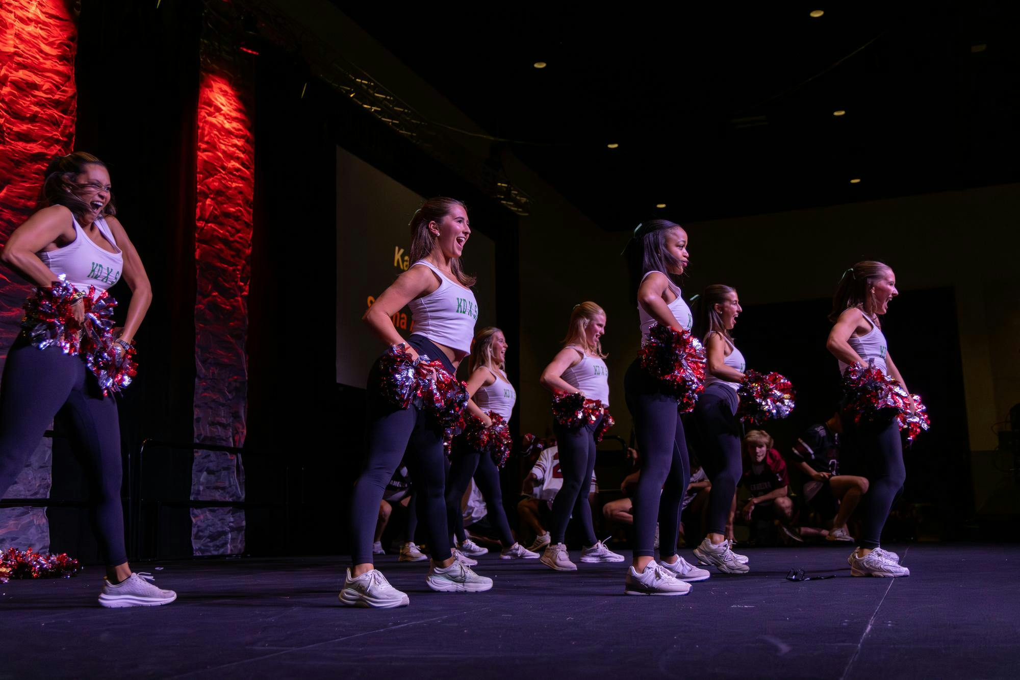 Members of Kappa Delta dance with pom-poms during their routine with Sigma Alpha Epsilon at Spurs &amp; Struts on Oct. 22, 2025, at the Columbia Metropolitan Convention Center. The annual dance competition features different Greek organizations and clubs from around campus.