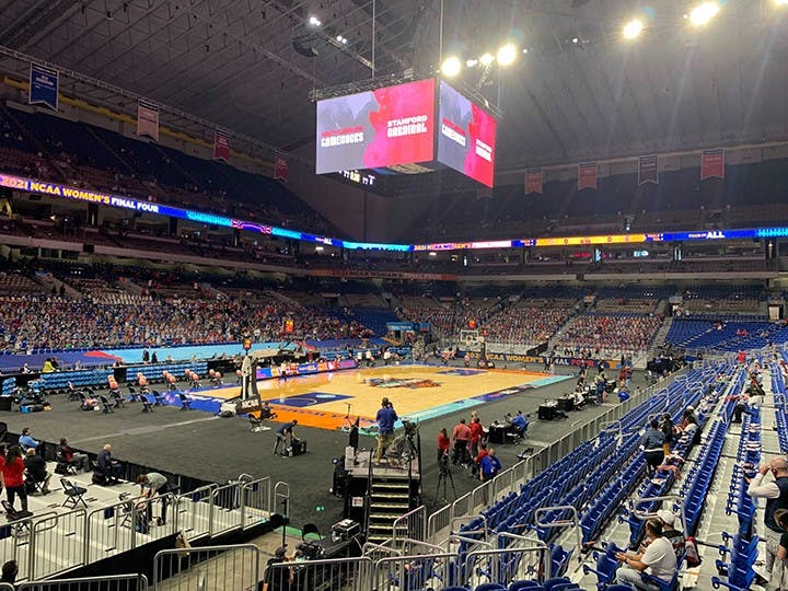 The Alamodome in San Antonio, Texas, will host the Final Four matchup between No. 1 South Carolina and No. 1. Stanford.