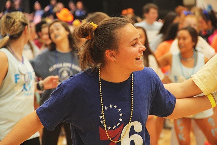 &nbsp;Second-year marketing student Morgan Lill learns a routine at Dance Marathon on Friday, Feb. 29, 2020&nbsp;