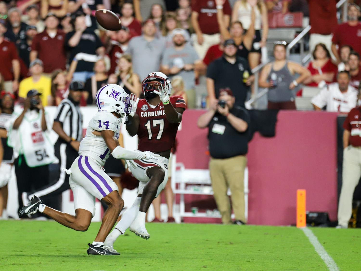 Fifth-year wide receiver Xavier Legette turns back to catch the football just yards from the end zone on the way to South Carolina's third touchdown of the night. The Gamecocks defeated the Paladins 47-21, and Legette continued his strong 2023 with 118 yards on six catches.