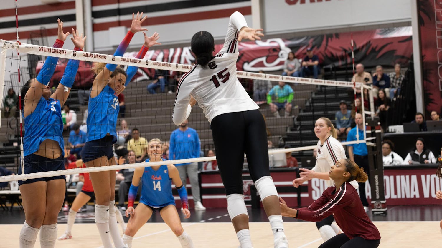 Junior outside hitter Nia Hall prepares to spike the ball in the volleyball game against Ole Miss on Nov. 12, 2025. Hall scored the point through the blockers.