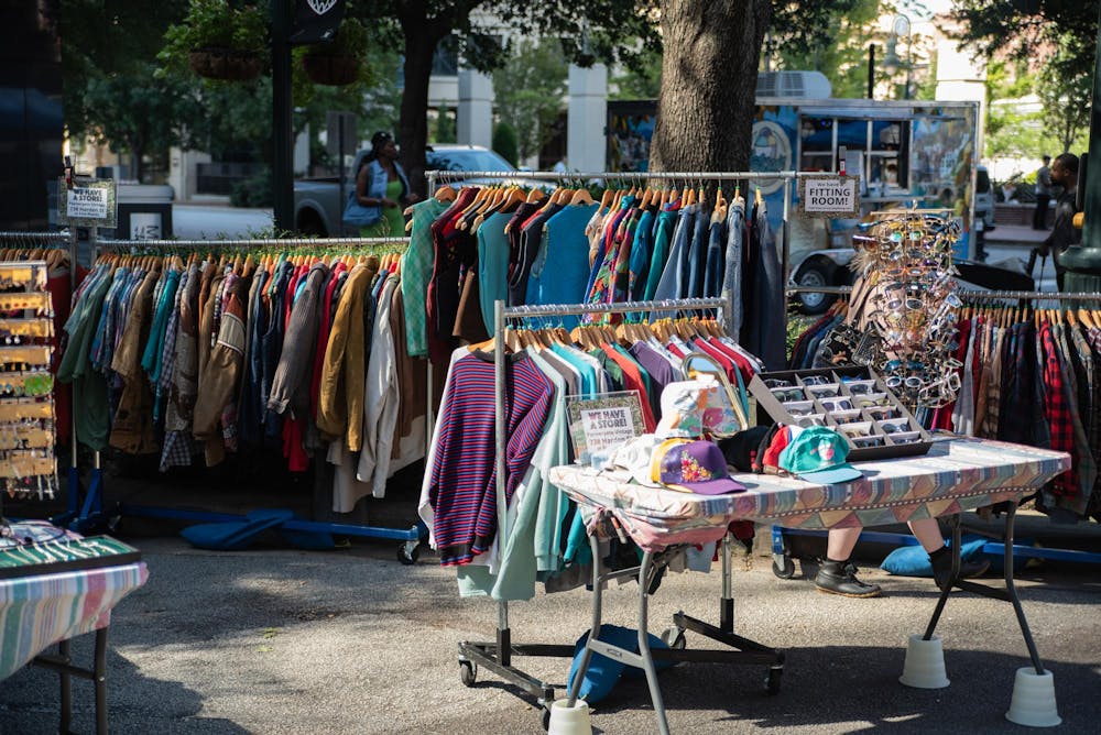 <p>Pannerpete Vintage’s pop-up shop on Main Street during Soda City, a weekly farmer's market in Columbia, South Carolina, on Sept. 28, 2024. Located in Five Points, Pannerpete Vintage is a thrift store focused on upcycling and reselling old clothing.</p>