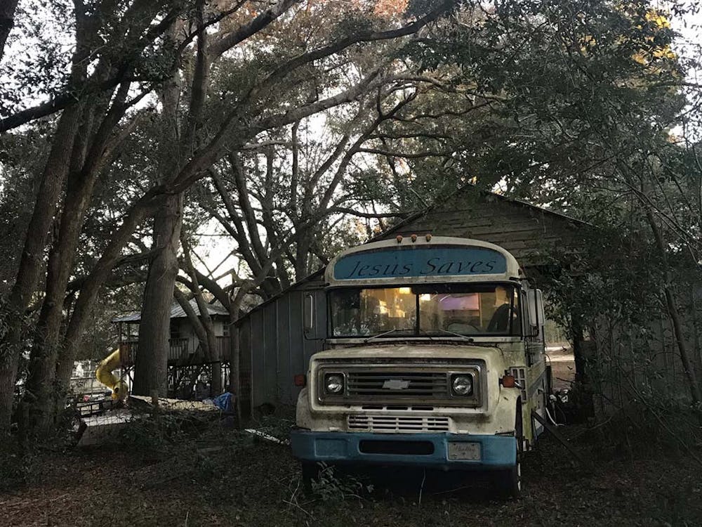 A bus, modified to be a house, where Melissa Pierce lives with her husband.