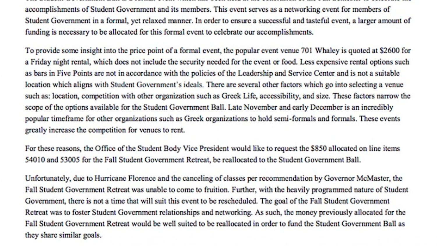 Mills' letter requesting additional funds for the Student Government Fall Awards.