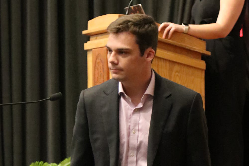 <p>Second-year engineering student Thomas Spurgeon at the student senate meeting at the Russell House on Oct. 15, 2025. The meeting was held at the Russell House Theater on the second floor.</p>