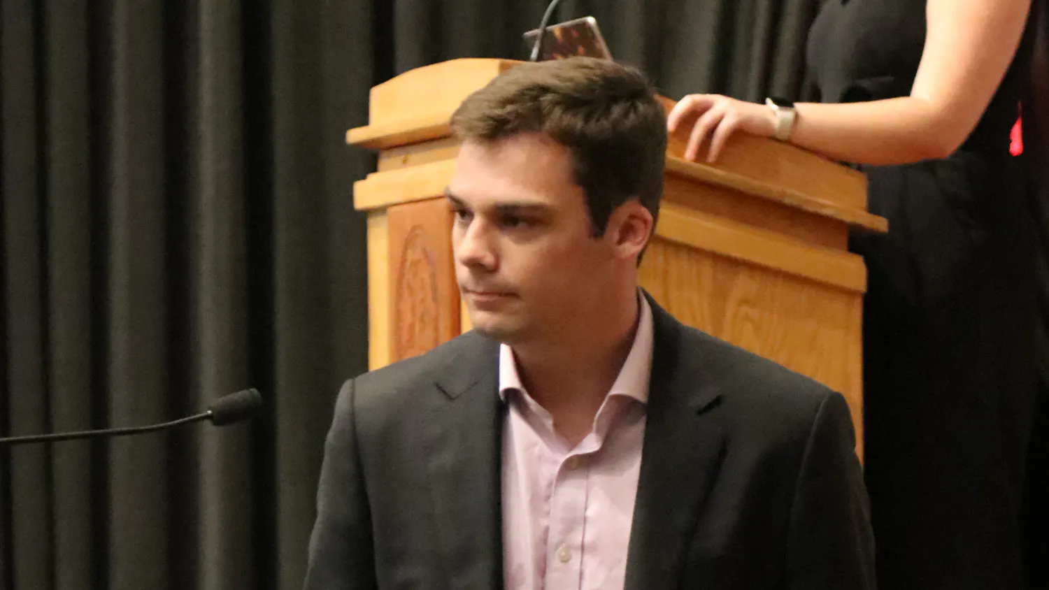 Second-year engineering student Thomas Spurgeon at the student senate meeting at the Russell House on Oct. 15, 2025. The meeting was held at the Russell House Theater on the second floor.