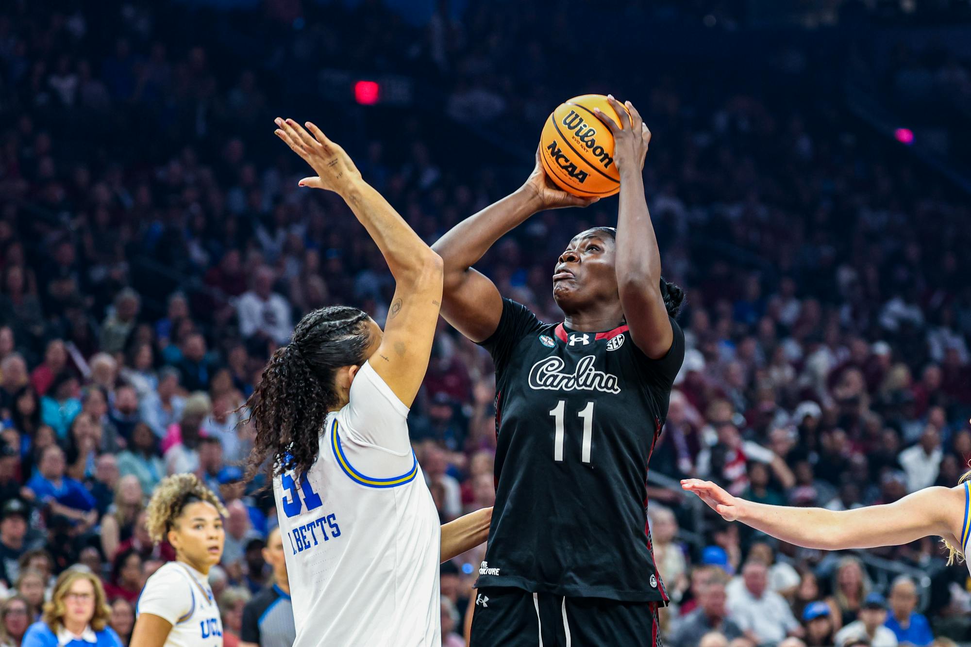Senior center Madina Okot shoots the ball during the game against UCLA in the NCAA Championship on April 5, 2026. Okot had three offensive rebounds in the Gamecocks' loss to the Bruins.