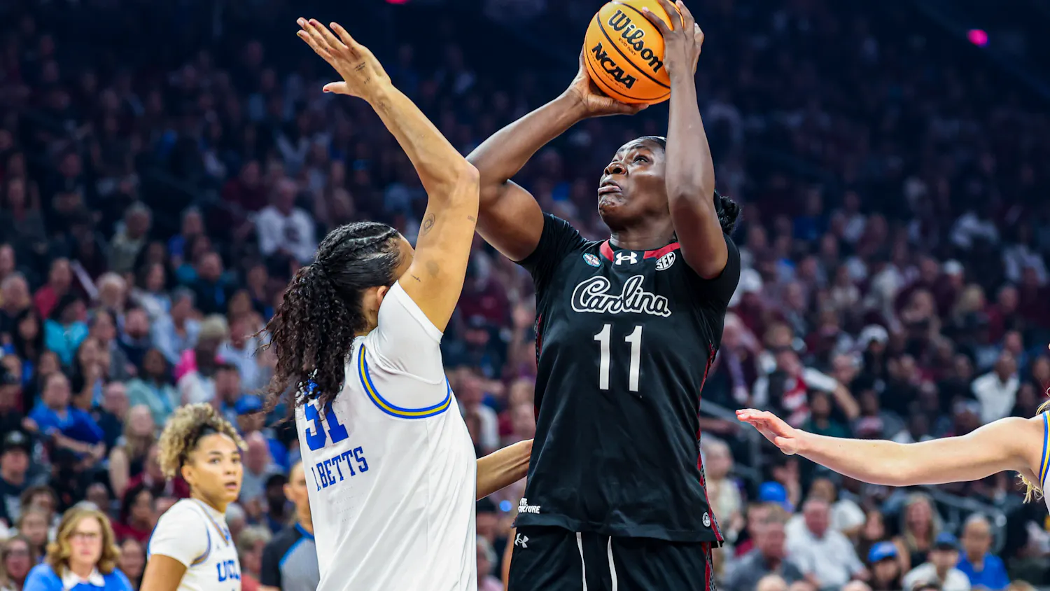 Senior center Madina Okot shoots the ball during the game against UCLA in the NCAA Championship on April 5, 2026. Okot had three offensive rebounds in the Gamecocks' loss to the Bruins.