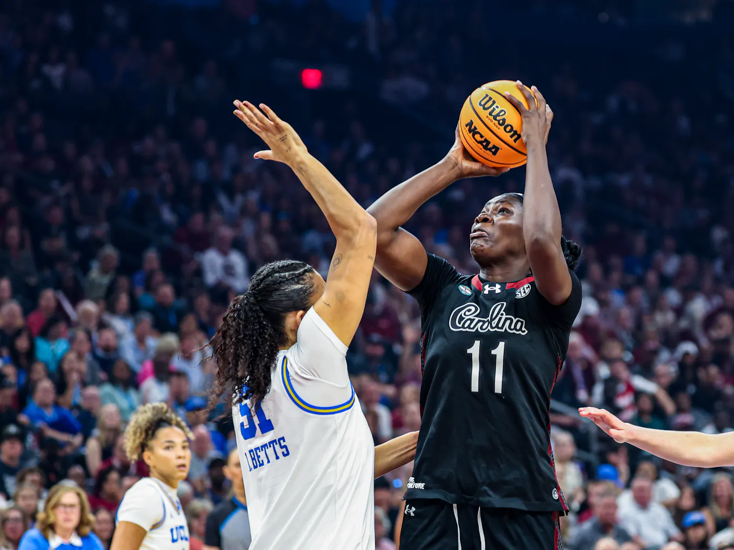 Senior center Madina Okot shoots the ball during the game against UCLA in the NCAA Championship on April 5, 2026. Okot had three offensive rebounds in the Gamecocks' loss to the Bruins.