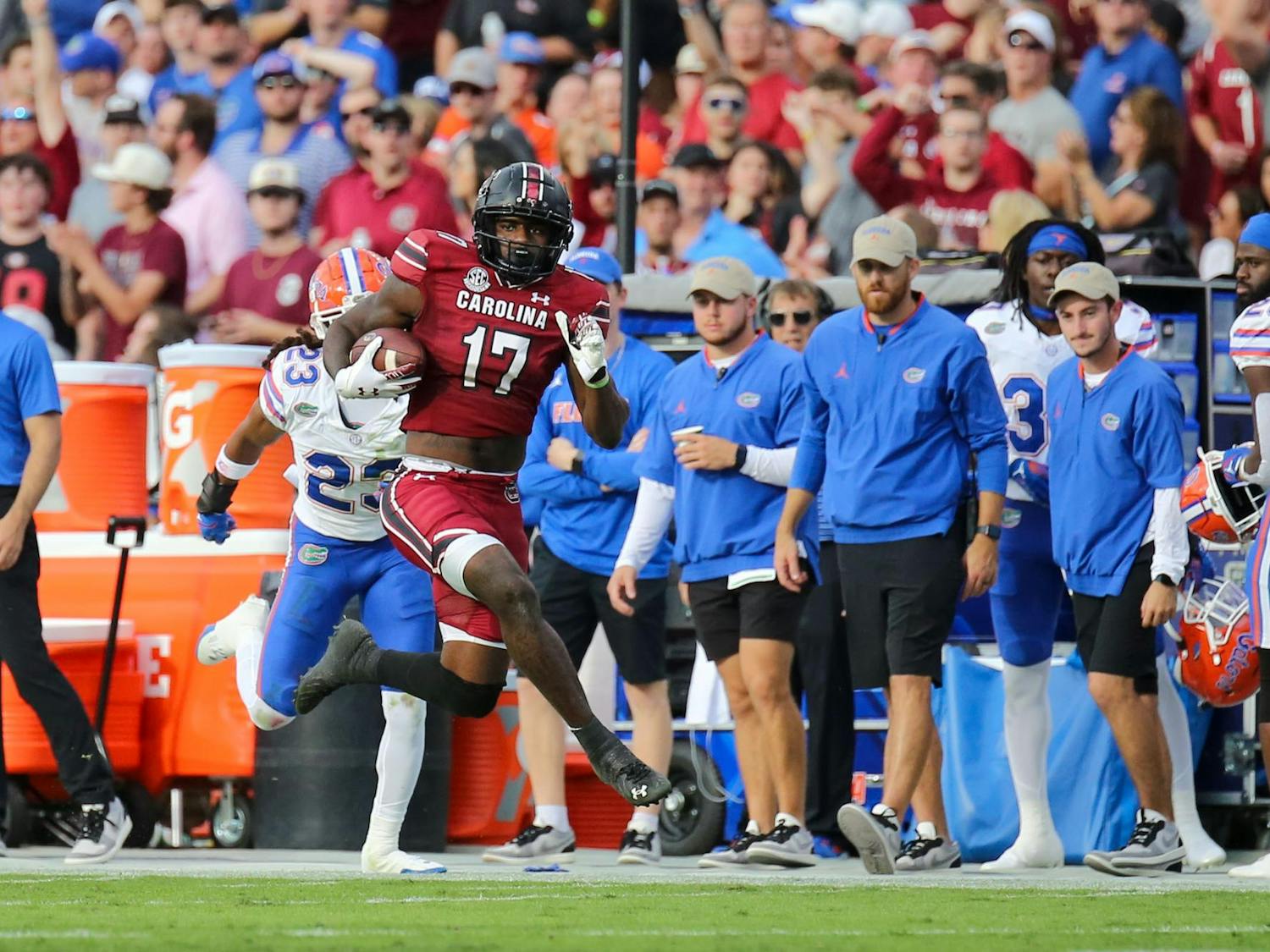 Fifth-year wide receiver Xavier Legette runs the ball down the field during the Gamecocks' 41-39 loss to Florida on Oct. 14, 2023. South Carolina suffered its first home loss of 2023 and fell to 2-4 on the season.