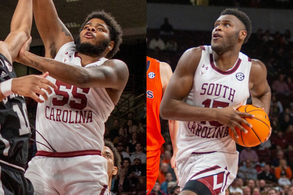 <p>Ta'Quan Woodley (left) and Wildens Leveque (right) have entered the transfer portal following the departure of former South Carolina men's basketball head coach Frank Martin.</p>