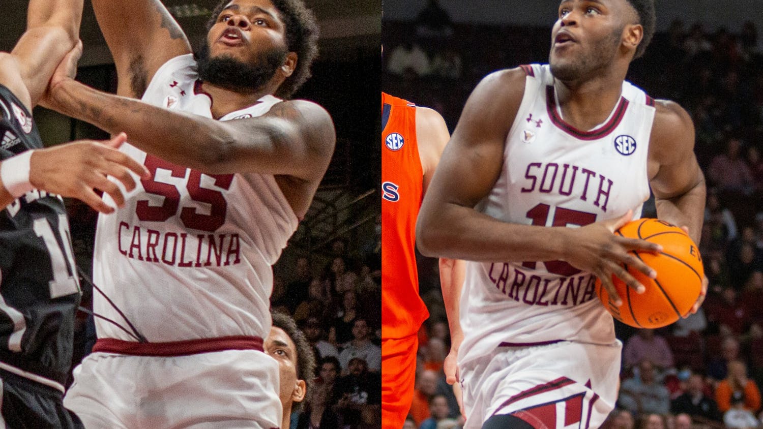 Ta'Quan Woodley (left) and Wildens Leveque (right) have entered the transfer portal following the departure of former South Carolina men's basketball head coach Frank Martin.