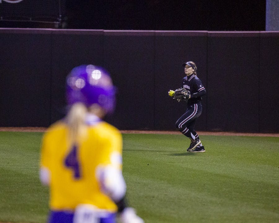 Sophomore outfielder Marissa Gonzales gets ready to throw the ball into the infield after catching a fly ball during the second game of the doubleheader against LSU on March 13, 2023. The Tigers beat the Gamecocks 5-1.
