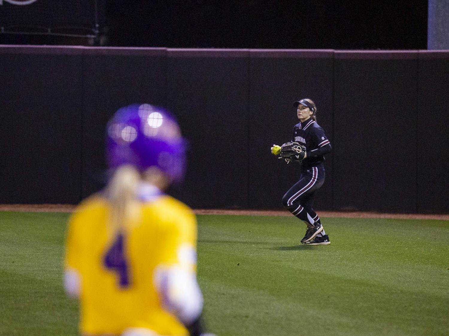 Sophomore outfielder Marissa Gonzales gets ready to throw the ball into the infield after catching a fly ball during the second game of the doubleheader against LSU on March 13, 2023. The Tigers beat the Gamecocks 5-1.