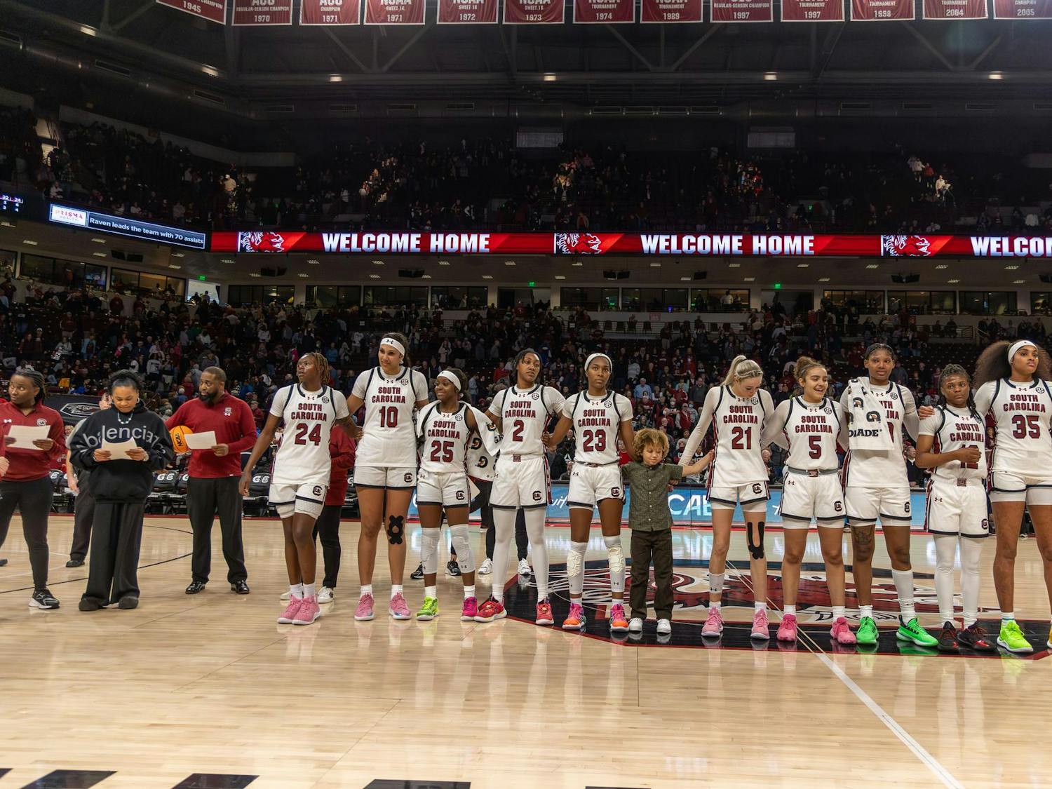 The South Carolina women's basketball team gathers on the court after its win over Mississippi State at Colonial Life Arena on Jan. 7, 2024. With the victory, the Gamecocks remain undefeated in the 2023-24 season.