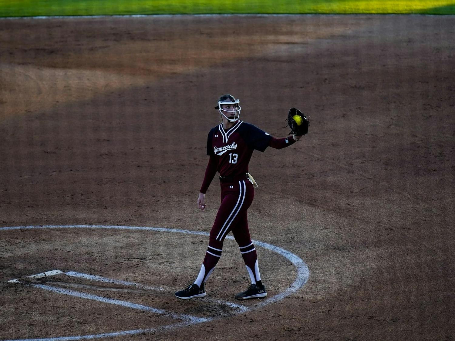 Junior pitcher Emma Friedel pitches for her team against Furman at Beckham Field on Oct. 17, 2025. Friedel went on to strike out two Furman batters.