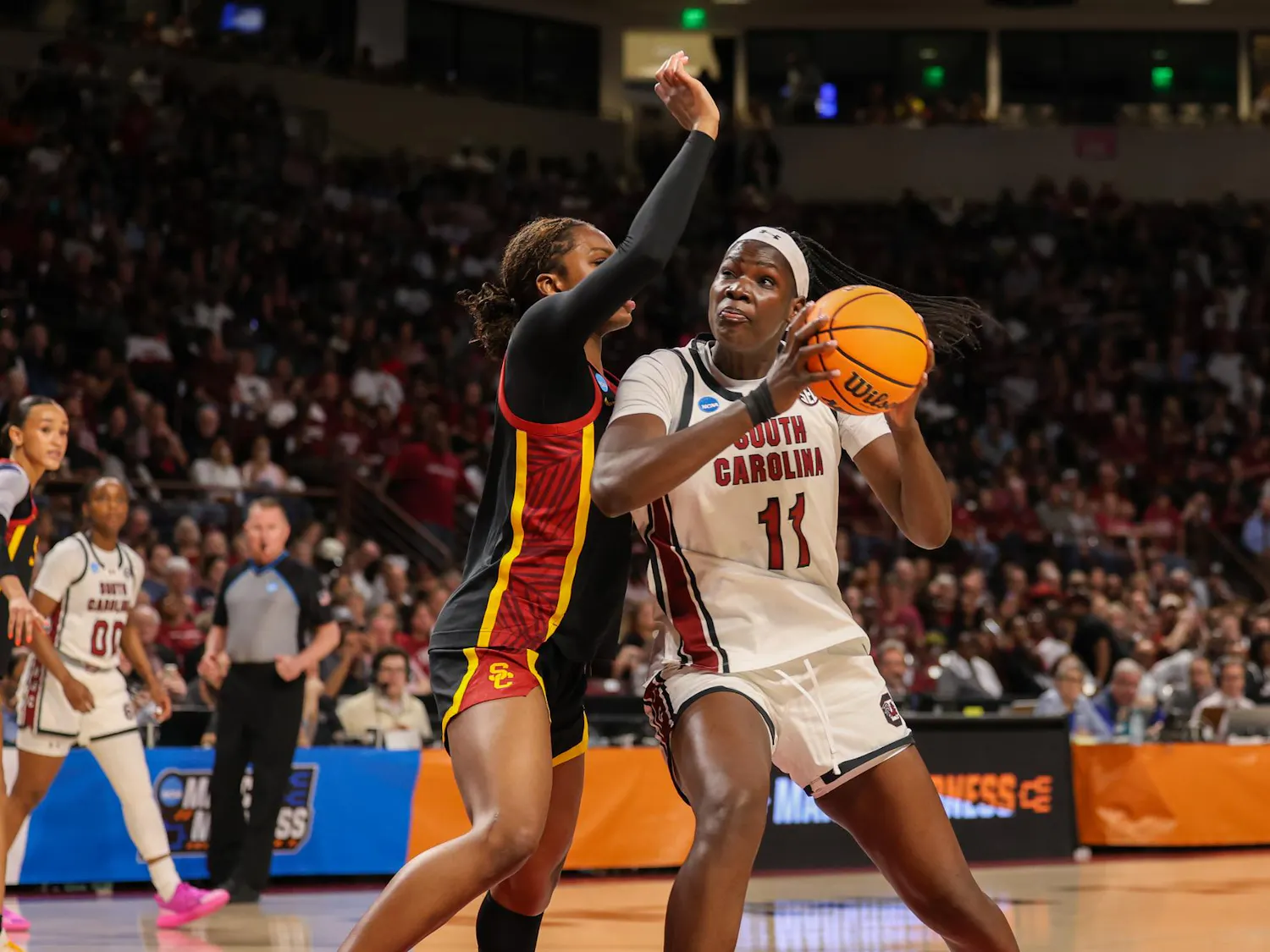 Senior center Madina Okot fights for a layup during the NCAA Tournament matchup against Southern California on March 23, 2026. Okot made 15 rebounds and a season-high three assists.