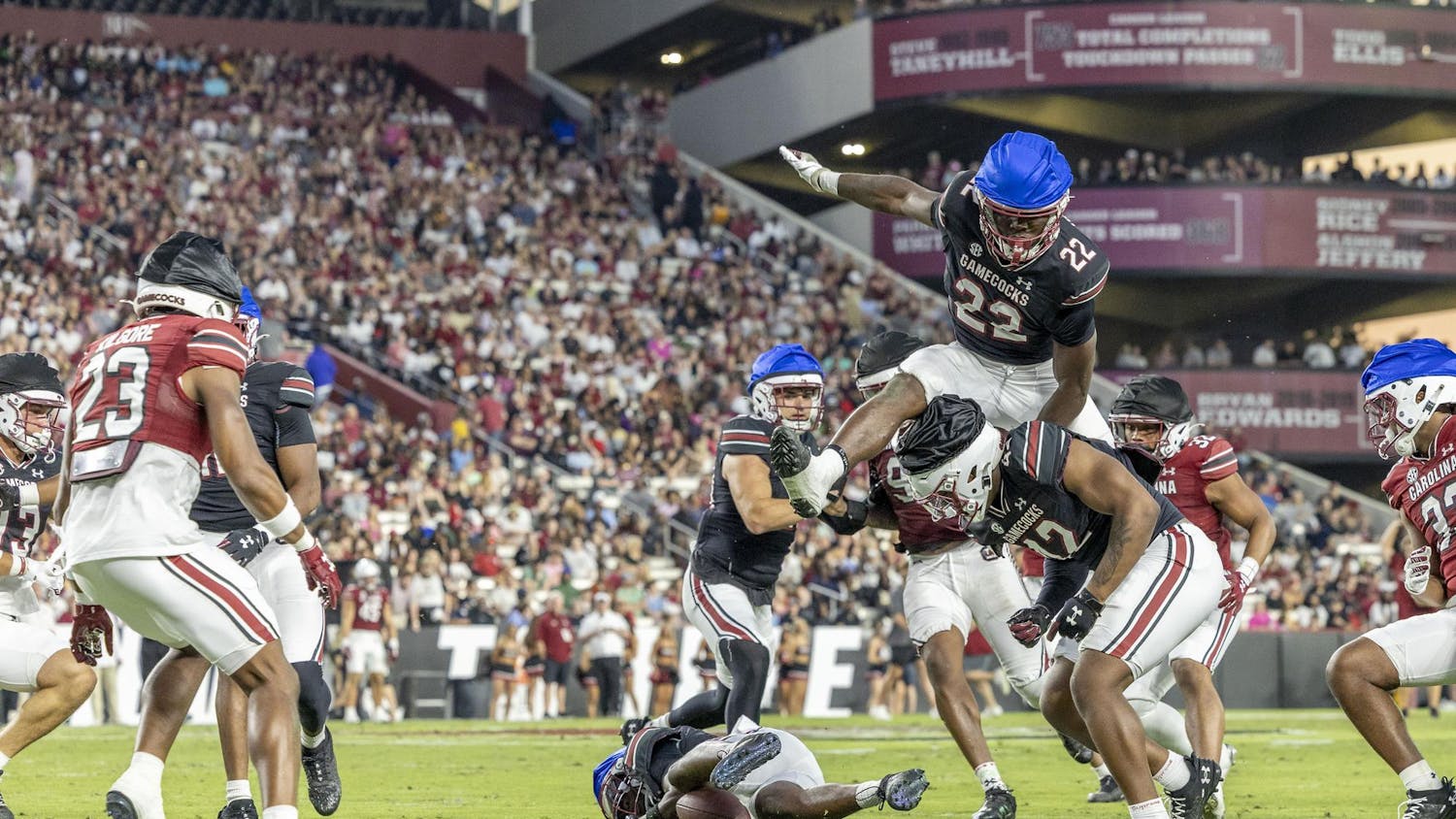 Redshirt sophomore running back Jawarn Howell hurdles a teammate in pursuit of the ball on a punt return during the 2025 spring game at Williams Brice Stadium on Friday, April 18, 2025. Out of the four games he played in the 2024 season, his season long was a 27-yard run against Wofford.