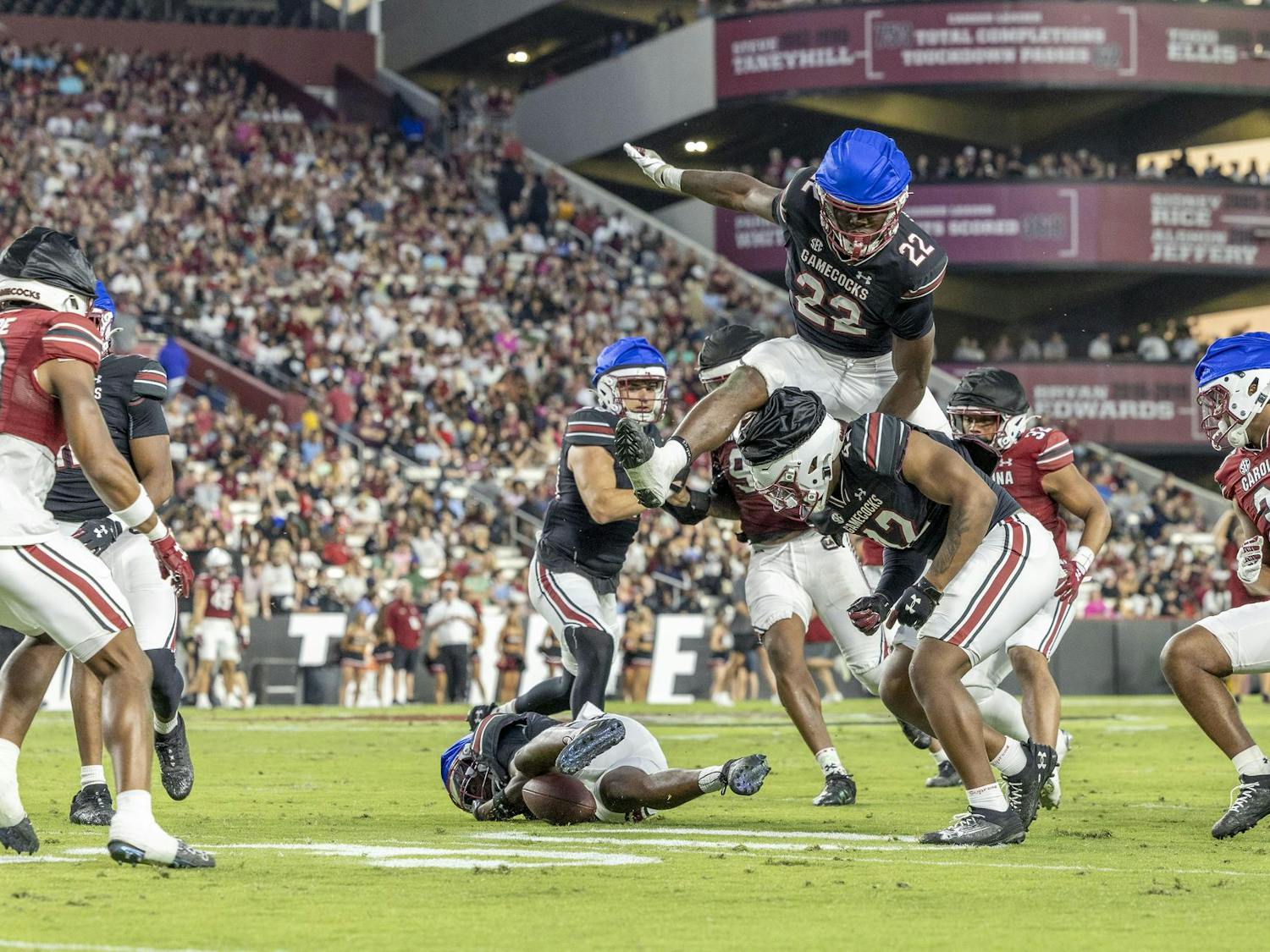 Redshirt sophomore running back Jawarn Howell hurdles a teammate in pursuit of the ball on a punt return during the 2025 spring game at Williams Brice Stadium on Friday, April 18, 2025. Out of the four games he played in the 2024 season, his season long was a 27-yard run against Wofford.
