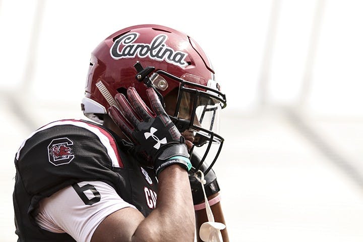 Sophomore Josh Vann pauses for a moment during the spring game at Williams-Brice Stadium on Saturday.&nbsp;