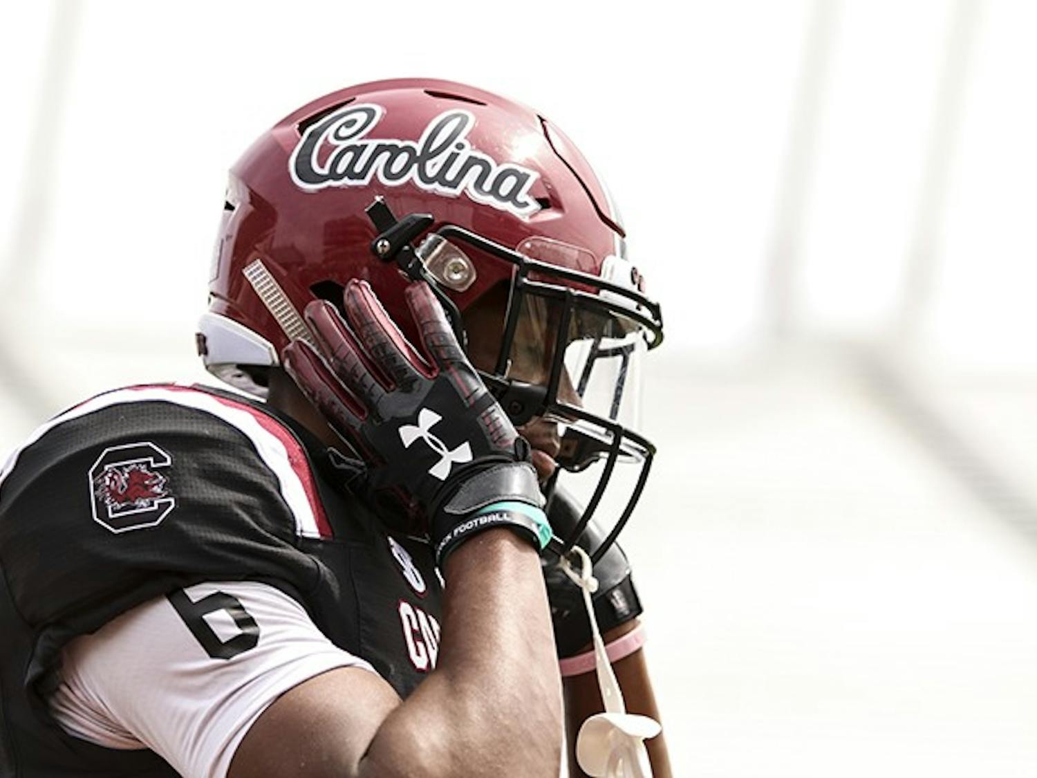 Sophomore Josh Vann pauses for a moment during the spring game at Williams-Brice Stadium on Saturday.&nbsp;