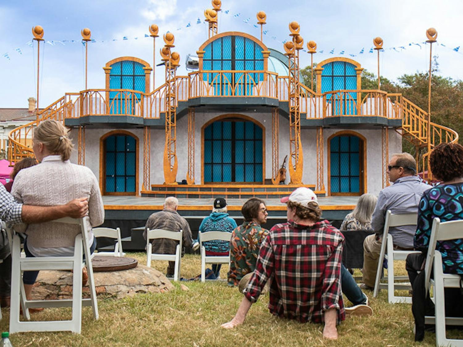 Cast members and spectators wait in front of the stage for the start of the final showing of "A Midsummer Night's Dream" on Oct. 9, 2022. The Shakesperean play was put on by the USC Department of Theatre and Dance.