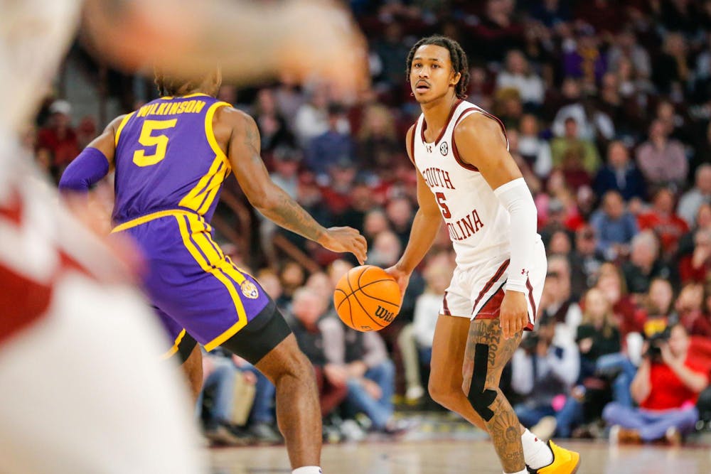 <p>FILE - Junior guard Meechie Johnson looks across the court during South Carolina’s game against LSU at Colonial Life Arena on Feb. 17, 2024. Johnson had four assists and one steal in 26 minutes of play during the Gamecocks' 64-63 loss to the Tigers.</p>