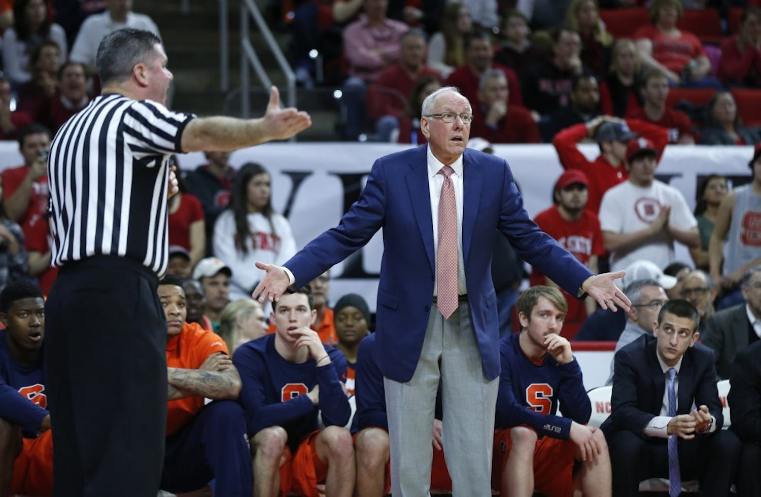 Syracuse head coach Jim Boeheim can't believe an official's call during the first half against North Carolina State at PNC Arena in Raleigh, N.C., on Saturday, March 7, 2015. N.C. State won, 71-57. (Ethan Hyman/Raleigh News & Observer/TNS)