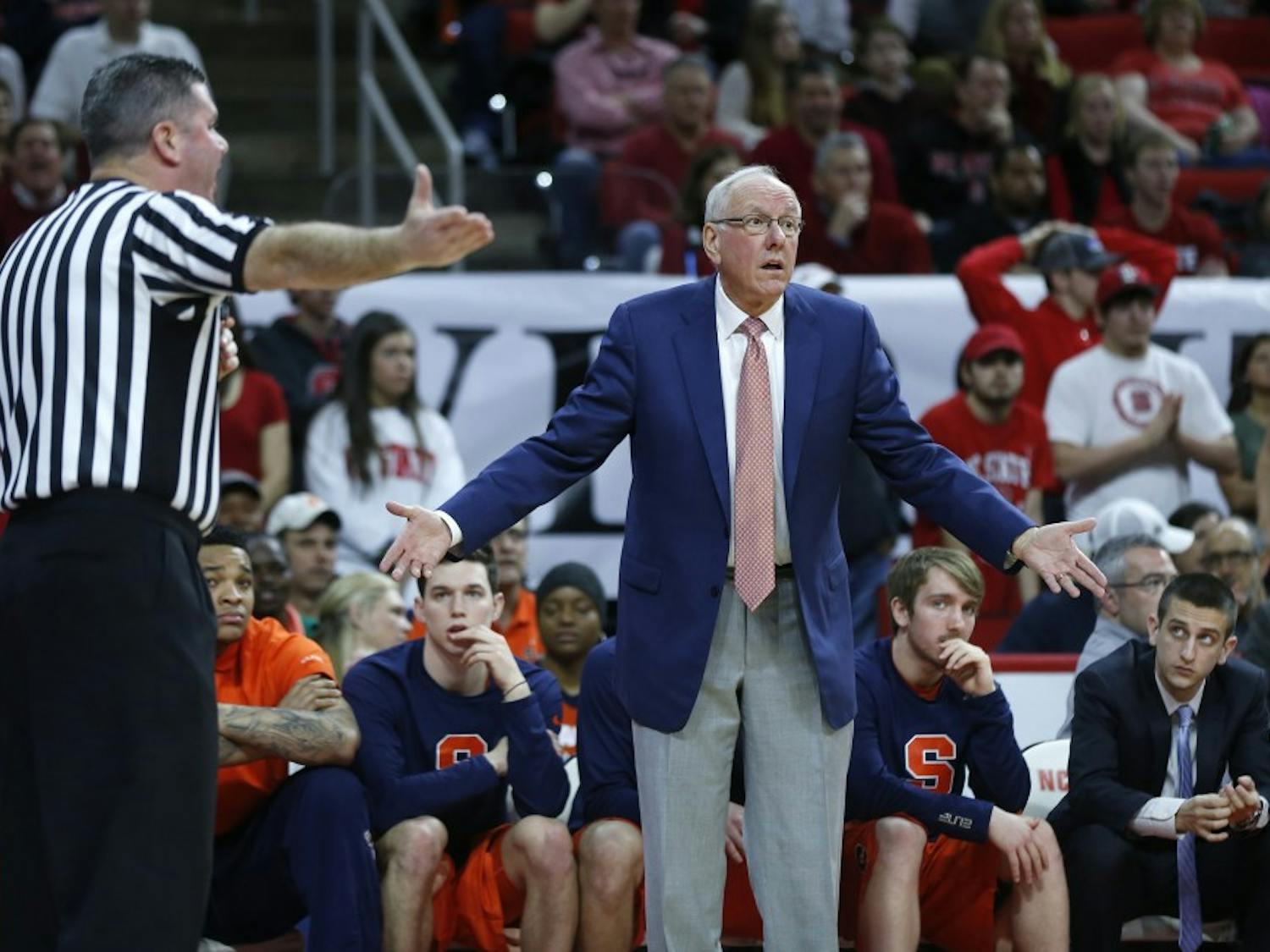 Syracuse head coach Jim Boeheim can't believe an official's call during the first half against North Carolina State at PNC Arena in Raleigh, N.C., on Saturday, March 7, 2015. N.C. State won, 71-57. (Ethan Hyman/Raleigh News & Observer/TNS)